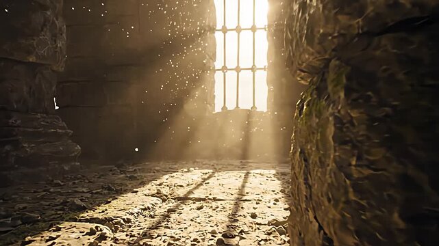 Bright Sunlight Shining Through Grated Window Into Dark Stone Dungeon