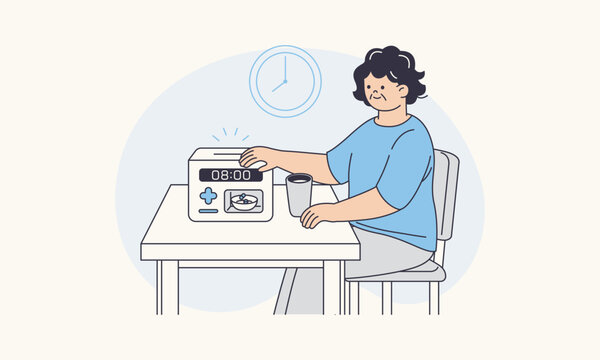 Elderly Woman Using Smart Automatic Pill Dispenser For Timely Medication Adherence Vector