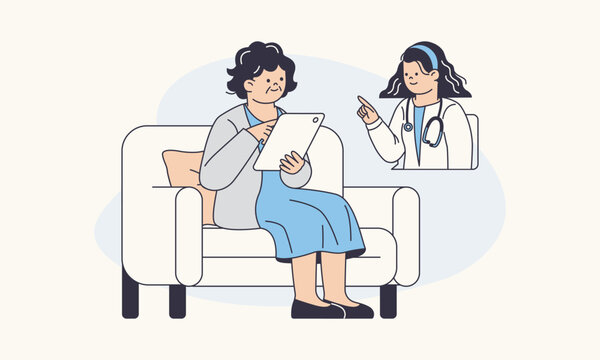 Elderly Patient Using Tablet for Telemedicine Consultation with Online Doctor Connection Vector