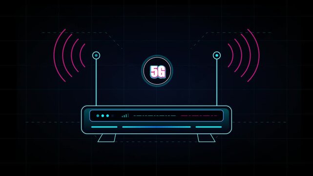 Futuristic 5G Wireless Network Signal Animation with Neon Glowing Data Streams and Cyberpunk Digital Tech Grid
