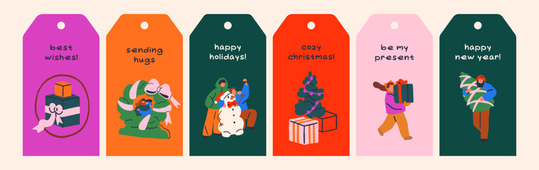 Naklejka premium Christmas gift tags set with holiday greeting phrases, lettering and festive scenes. Xmas labels with tiny people, snowman, fir tree, presents boxes. New Year designs. Flat vector illustrations