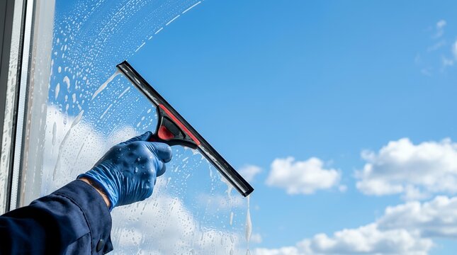 Professional window cleaner using a squeegee to wash glass pane against a blue sky background.