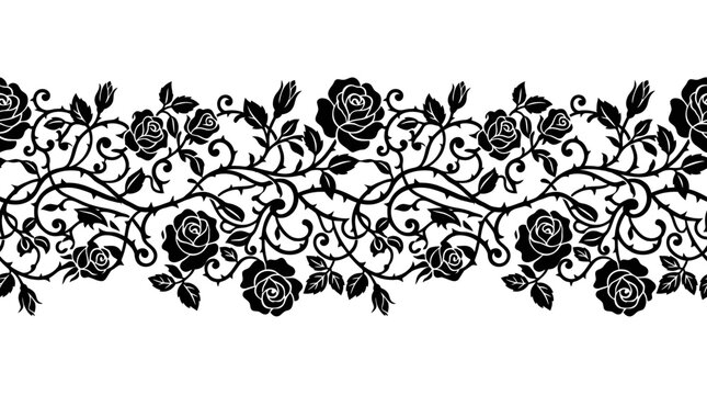 Elegant black rose vine border with thorns and leaves, a seamless decorative floral pattern on a white background.