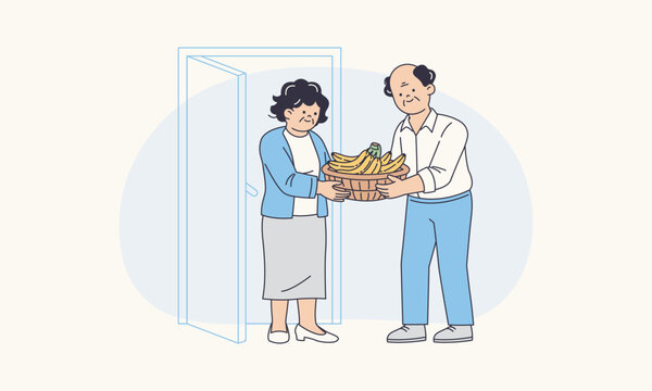 Caring Neighbors Visiting Elderly Lady Offering Fruit Basket Fostering Social Connection Vector