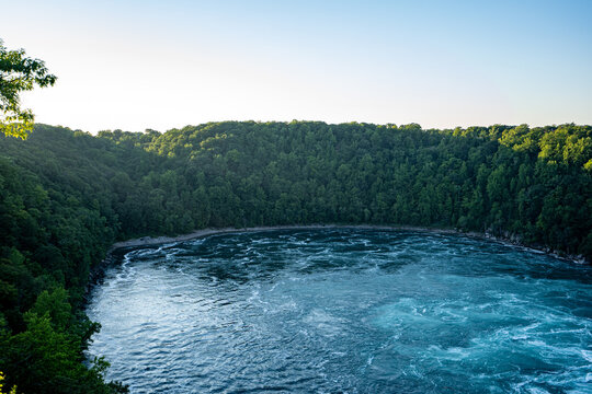 View of Niagara Whirlpool surrounded by forest.