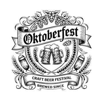 Detailed black and white illustration of vintage oktoberfest beer emblem