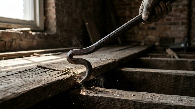 Construction worker using a heavy iron crowbar to pry up old weathered wooden floorboards.