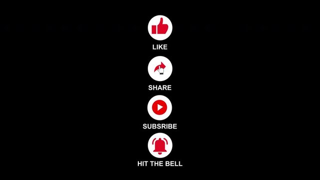 YouTube Subscribe like share Button animation. Like Subscribe Bell Notification Button, subscribe to channel. 4k Animation of a Subscribe Sequence for Videohosting Social Network .