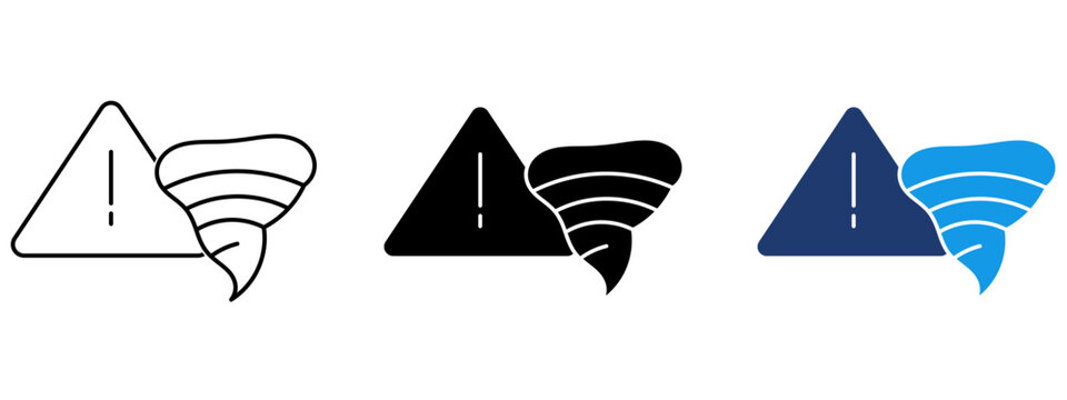 Tornado warning sign icon set with swirl cyclone. Symbol of severe weather hazard, hurricane alert, natural disaster risk, storm alert, windstorm, and climate emergency.