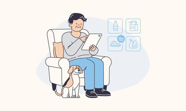 Independent Senior Man Using Digital Tablet to Order Essential Supplies Online Convenience Vector