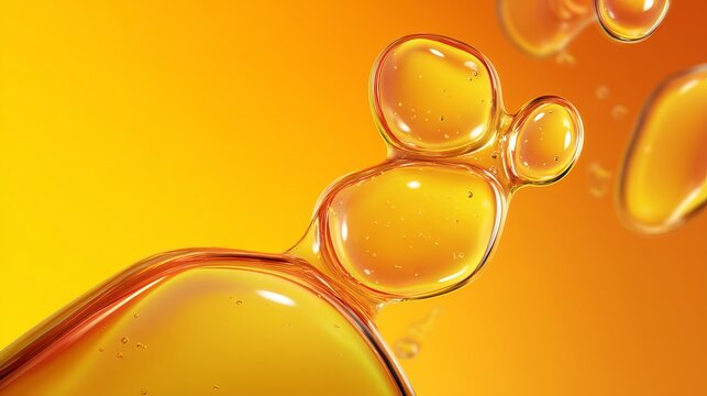 A close-up view of golden liquid bubbles on a vibrant yellow and orange gradient background