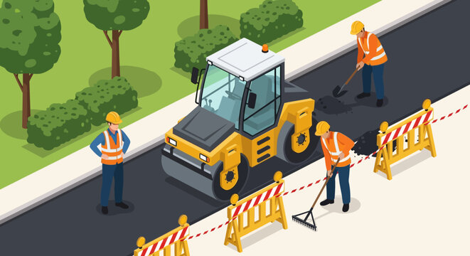 Road construction isometric. Workers paving road with steamroller and asphalt.