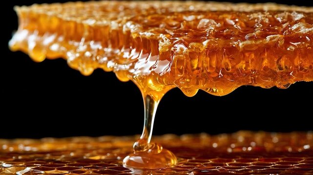 Golden Honey Dripping From Honeycomb Macro Video Animation