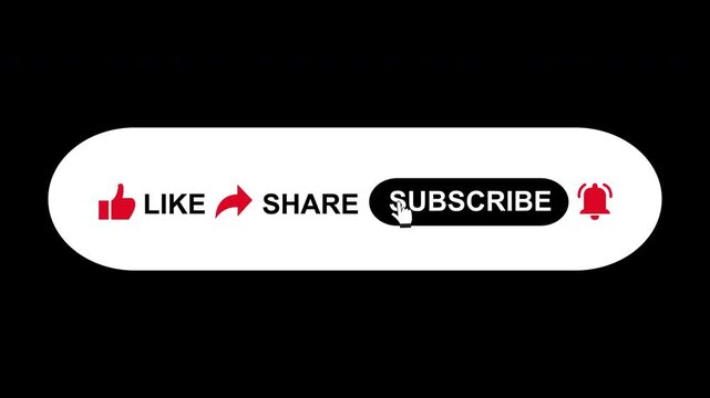 Animation of like share subscribe and notification button. Animated pop up buttons like subscribe share and notification on black background. 4K Video.