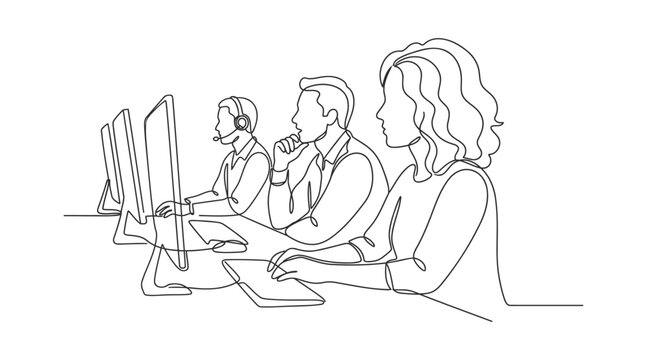 Continuous line vector illustration of office workers sitting at desks working on computers with line art