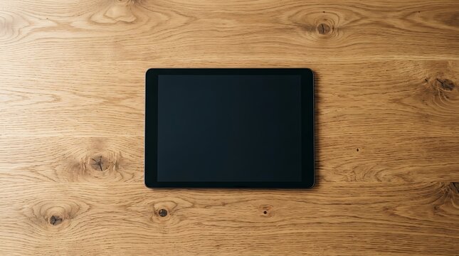 Digital tablet with blank screen on wooden table top view