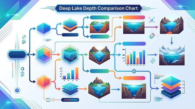 Isometric infographic comparing deep lake depths with data charts