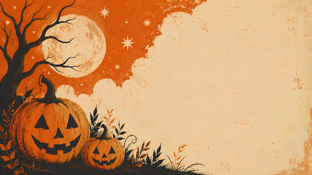 halloween background with pumpkin, Vintage Halloween Pumpkin Illustration with Moon and Textured Copy Space