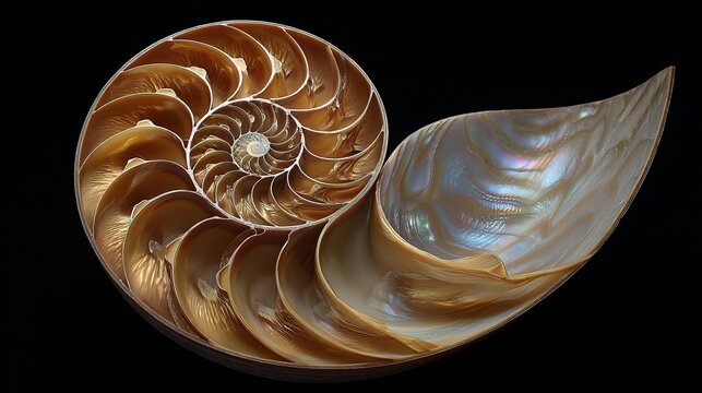 A close-up view of a nautilus shell with its spiral interior and iridescent exterior on a black background