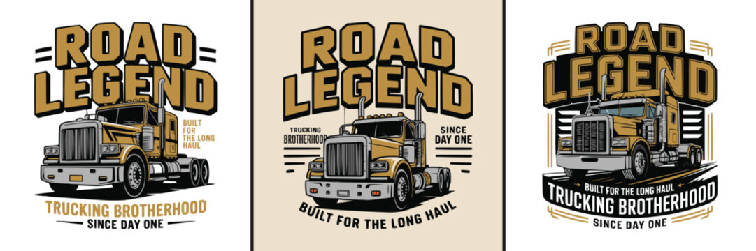 Vintage style graphic designs featuring classic semi truck road legend typography