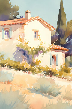 Vertical Mediterranean countryside farmhouse watercolor illustration. Traditional rural house with cypress tree