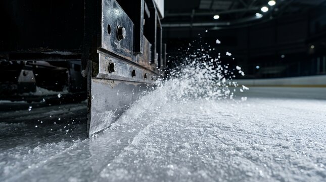 Ice resurfacer blade cutting rink surface with flying snow shavings in macro detail.
