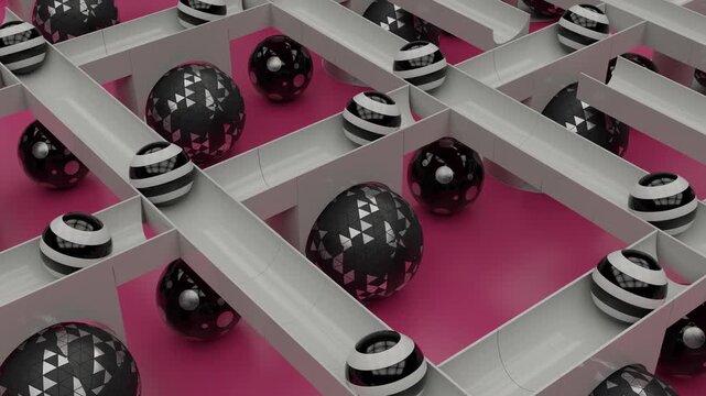 4k seamless loop of kinetic marble run with patterned spheres rolling along grid chutes and ramps. Oddly satisfying perpetual motion physics simulation model and mechanical balance background.