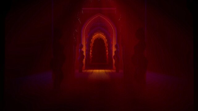 3D Render of Gothic Temple Corridor with Ornate Archway Under Orange Amber Light