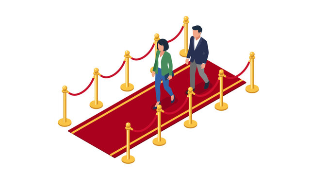 Isometric illustration of a man and woman walking on a red carpet with golden stanchions and ropes, symbolizing a VIP event or celebrity entrance.