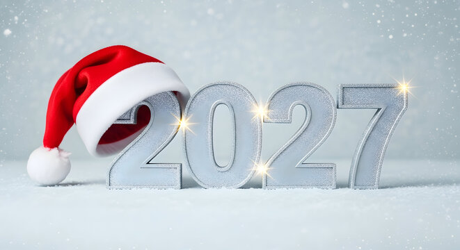 A festive scene featuring a red santa hat placed on top of silver numbers representing the year 2027 for happy christmas day and happy new