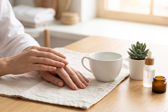 Woman's hands resting on table beside cup and skincare products in bright room