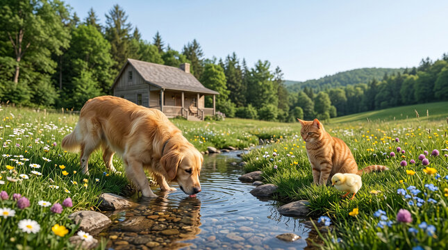 Golden retriever dog and orange cat near stream with flowers and cabin