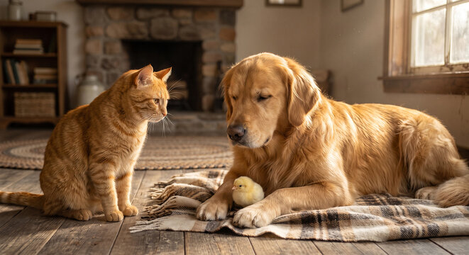 Golden retriever and orange cat with chick on blanket in cozy room