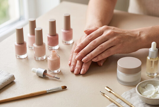 Woman applying nail polish with various shades on a table in a beauty setting