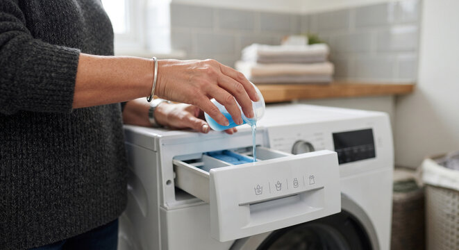 Woman pouring detergent into washing machine drawer in laundry room