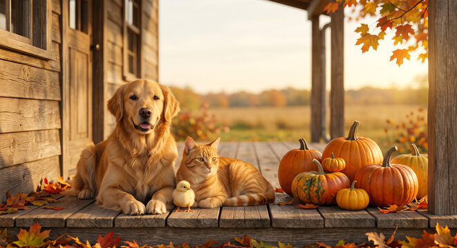 Golden retriever dog and orange tabby cat with pumpkins on porch