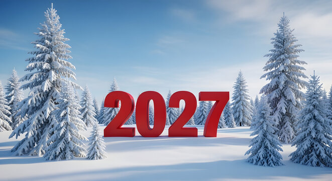 A festive winter landscape featuring snow covered pine trees and bold red numbers celebrating happy christmas day and happy new year 2027 for holiday greeting