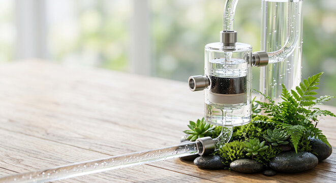 Glass water filtration system with plants and stones on wooden table