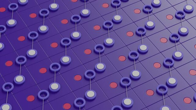 4k oddly satisfying mechanical physics simulation model showing perpetual motion. Seamless loop of kinetic grid pattern with moving cylindrical pegs and sliding connected rings