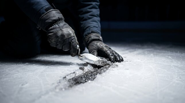 Worker repairing ice rink surface with metal trowel and slush for professional maintenance.