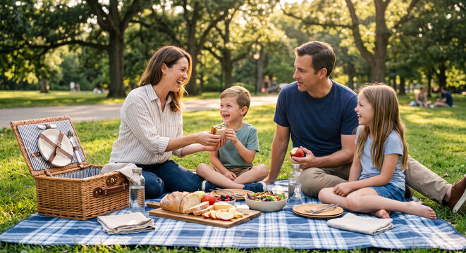 Family enjoying picnic on blanket in park with food, drinks, and picnic basket under trees
