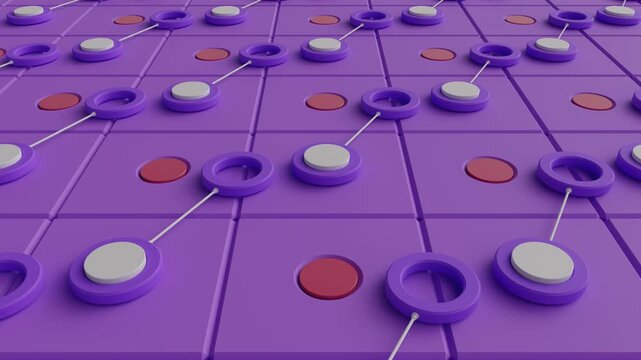 4k oddly satisfying mechanical physics simulation model showing perpetual motion. Seamless loop of kinetic grid pattern with moving cylindrical pegs and sliding connected rings