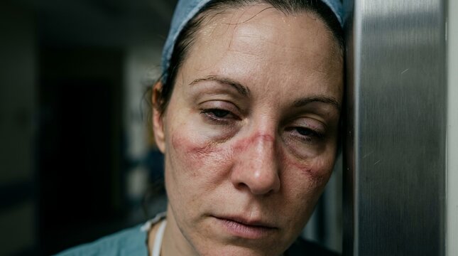 Tired healthcare worker with red pressure marks on face from wearing a protective mask.