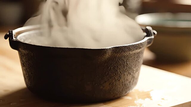 Cast iron pot steaming with hot boiling water on wooden kitchen table