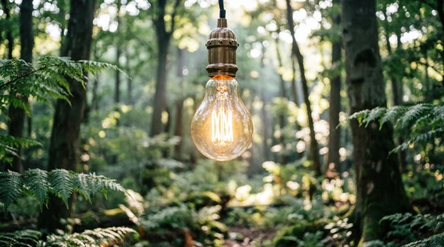 Vintage Edison Bulb Hanging in a Lush Forest Setting. Rustic Lighting Fixture, Nature-Inspired Decor, Warm Glow