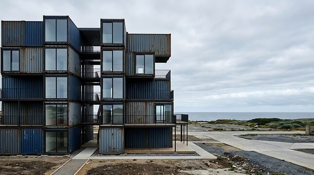 Modern modular apartment building made of stacked shipping containers