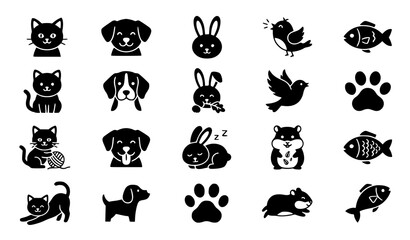 Obraz premium Pet Shop Animal Black Glyph Vector Collection, Cute Dog Cat Bird Rabbit Icons