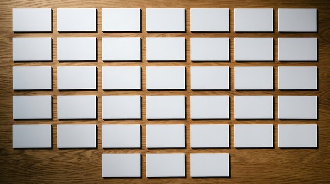Grid of blank white business cards on a wooden surface