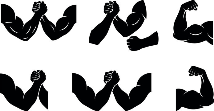 Set of muscular arms icons showing arm wrestling and flexing biceps
