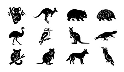 Obraz premium Australian Wildlife Black Vector Silhouettes, Koala Kangaroo Wombat Animal Icons